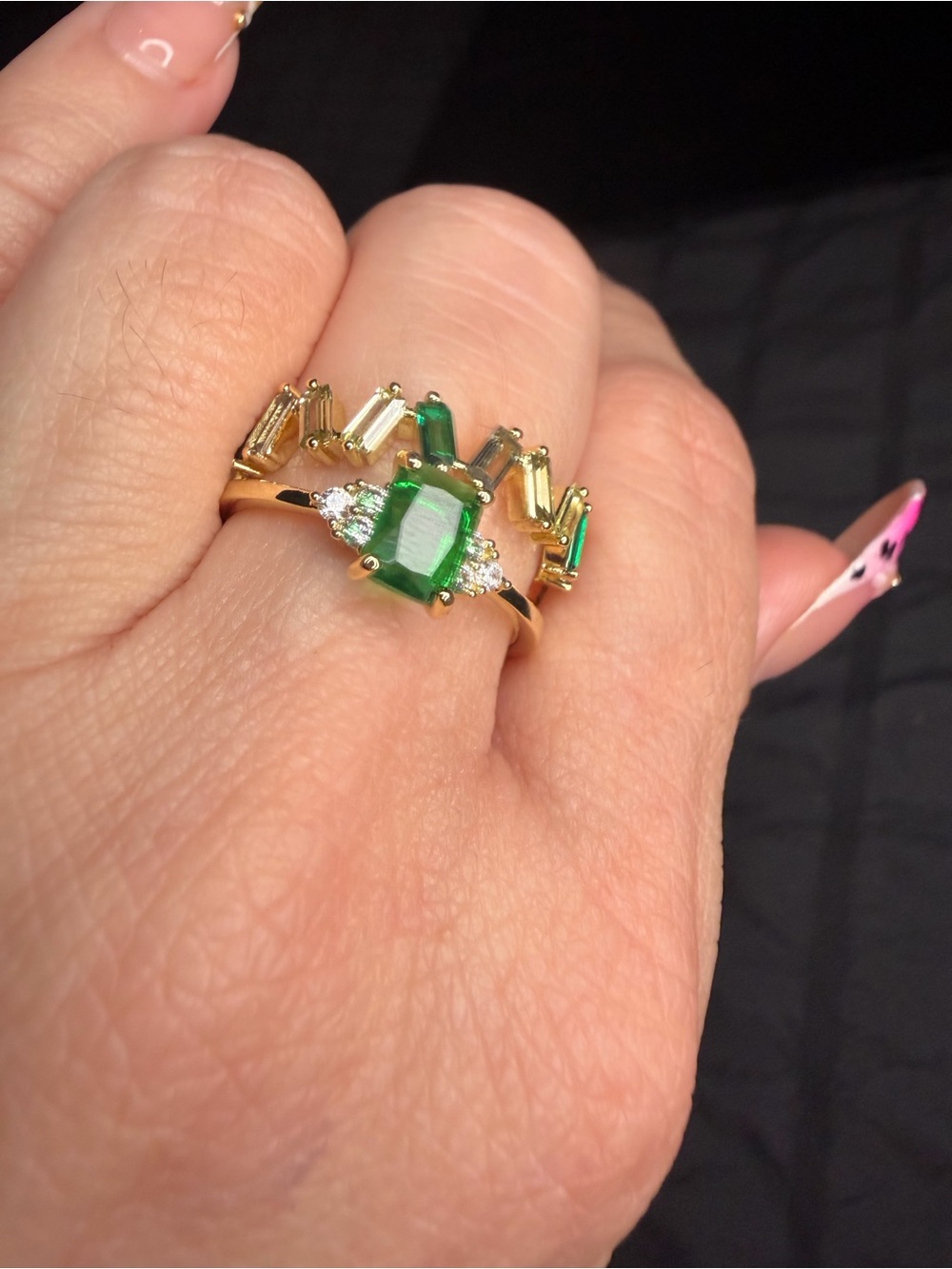 Gold Filled Green AAA CZ Ring Stack Set of 2 Size 9